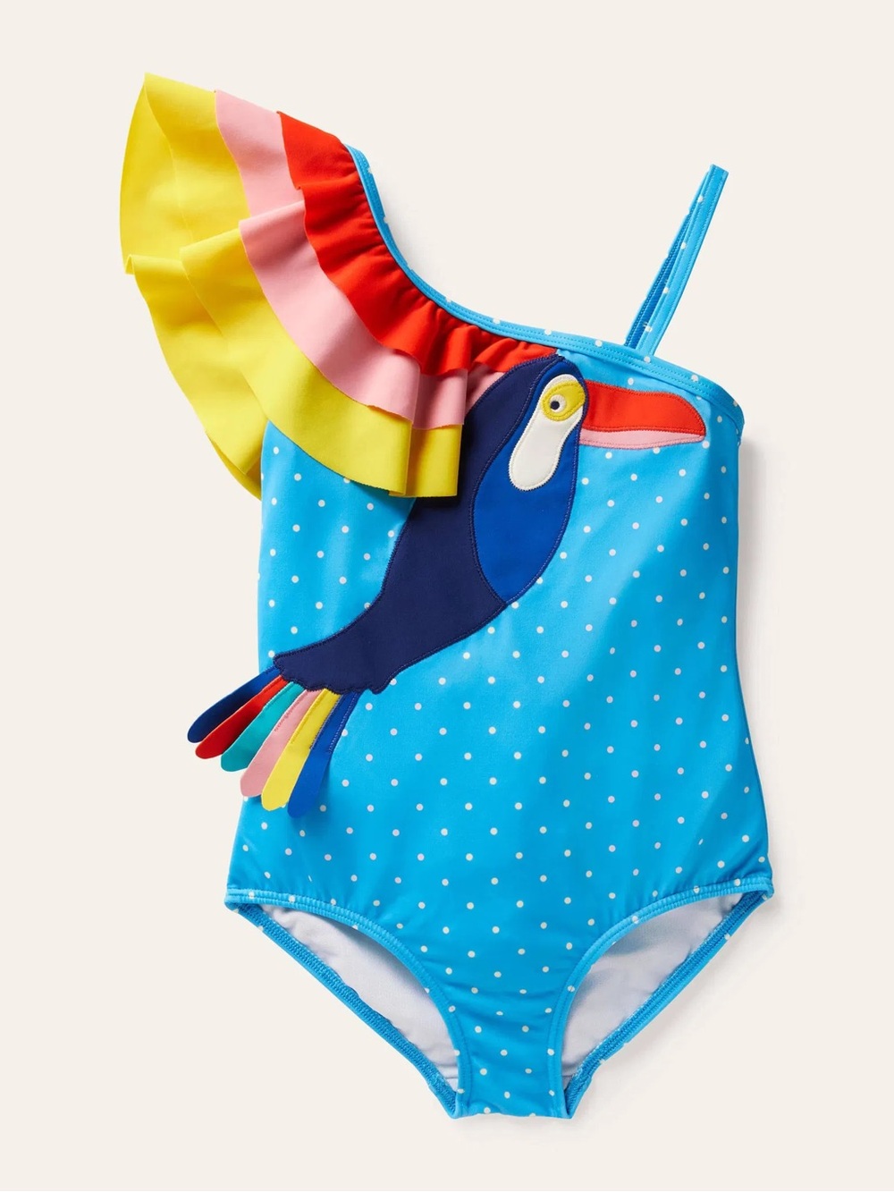 Mini Boden Toucan One Shoulder Appliqué Swimsuit